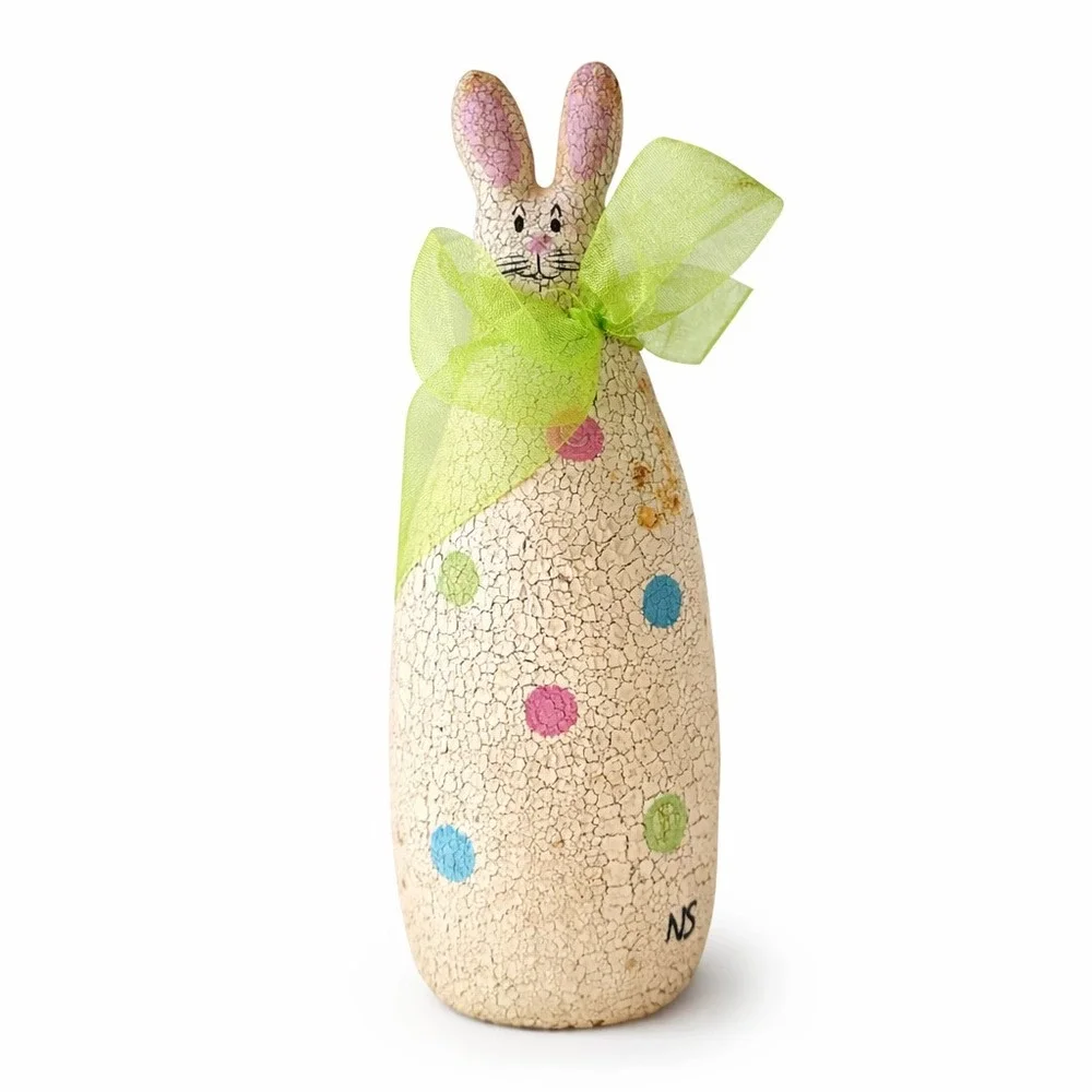Rustic Easter Bunny Figurine Crackle Finish Farmhouse Spring Handmade Art Signed